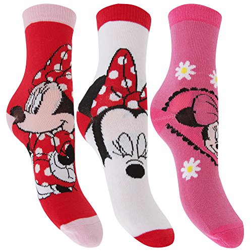 Disney Minnie Mouse - Calcetines oficiales estampados para niñas (3 pares) (27-30 EU) (Rojo/Blanco/Rosa)