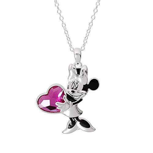 Disney Minnie Mouse Jewelry for Women and Girls, Silver Plated Minnie Pendant with Crystal Heart Necklace, 18" Chain,