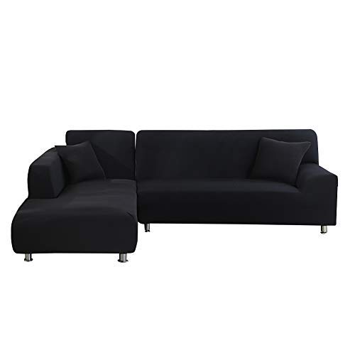 ele ELEOPTION - Funda de sofá elástica, Conjunto de 2 Fundas, para sofá de 3 Personas en Forma de L, Incluye 2 Fundas de cojín, Negro
