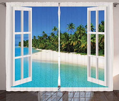 FAFANIQ Turquoise Curtains, Ocean Paradise Island View from Gazebo Palm Tree Beach Theme Pictures Arts, Living Room Bedroom Window Drapes 2 Panel Set,Blue Green White，57 * 47 Inch