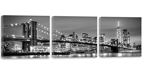 Feeby Frames, Cuadro en lienzo - 3 partes - Panorámico, Cuadros impresión 150x50 cm, BLANCO, NUEVA YORK CIUDAD, AGUA,ARQUITECTURA, VISTA,BROOKLYN