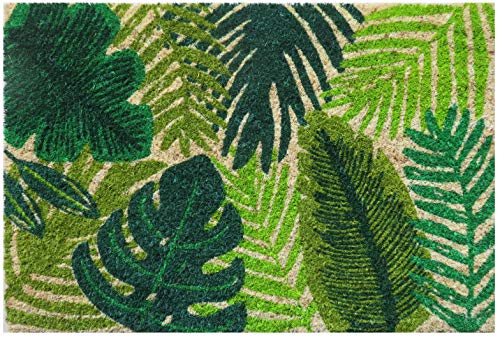 Felpudo de Fibra de Coco Antideslizante con Hojas Tropicales de Entrada, Verde, 40 cm x 60 cm x 15 mm