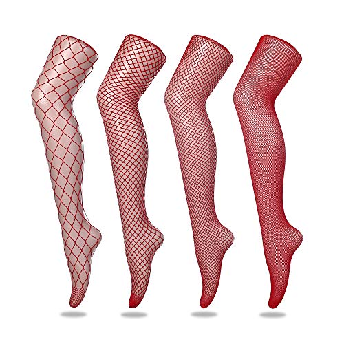FLORA GUARD Medias de rejilla de medias de cintura alta, 4 pares de medias de rejilla de cintura alta con 4 tipos (Rojo)