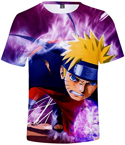 FLYCHEN Niños Camiseta con Motivo Naruto 3D Impreso Gráfica Fantástica Boy's T-Shirt Cuello Redondo Animados - púrpura en la Parte Inferior - XXS