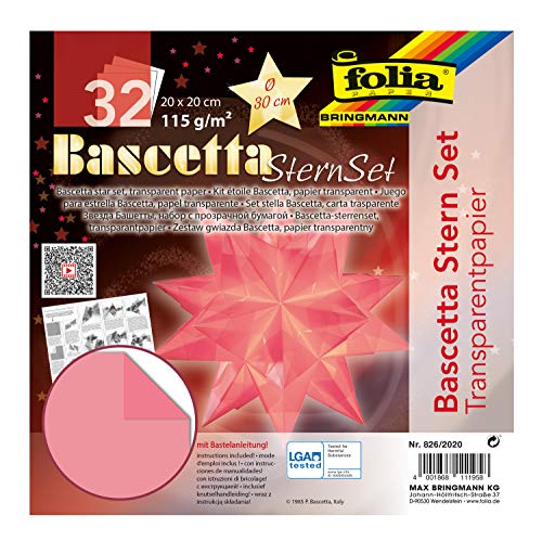 folia Juego Bascetta, papel transparente, 115 g/m², 32 hojas, diámetro de la estrella de aprox. 30 cm, incluye instrucciones para manualidades, color rosa, ca. 20 x 20 cm