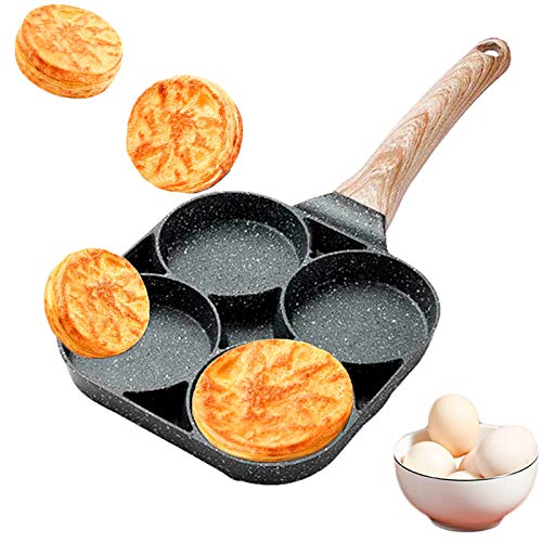 GUANGE 4-Cup Egg Pans Nonstick, Pancake Pan with Wooden Handle, Poached Egg Pan, Egg Frying Pan Nonstick for Egg Sandwich, Egg Poacher Pan Nonstick, Compatible with All Heat Sources