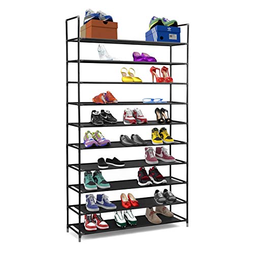 Halter - Zapatero de estantes apilables de 10 niveles de acero inoxidable - Capacidad para de 50 pares de zapatos – 99,4 x 28,25 x 176,5 cm. Color negro