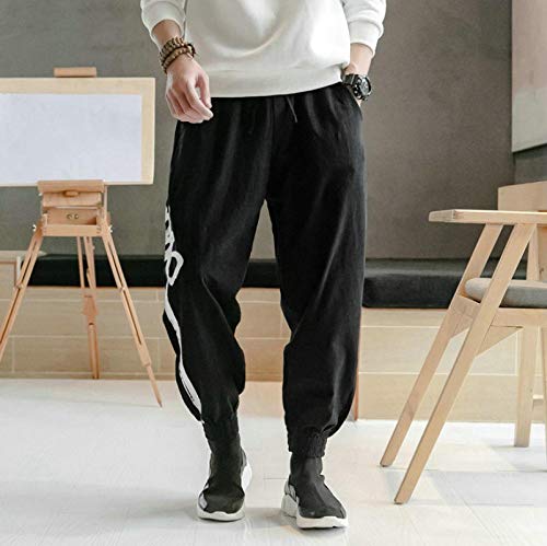 haochenli188 Monos De Hombre VersióN Coreana Japonesa De AlgodóN Y Lino Estampado De Letras Pantalones Casuales Harem para Hombres Cintura EláStica Pantalones Casuales Sueltos para Hombres XL Negro