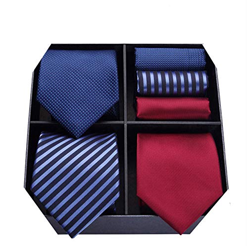 Conjuntos multiples HISDERN Lote 3 PCS Corbata de hombre Cheque de lunares Fiesta de bodas de color solido a rayas Panuelo Corbata y Bolsillo Cuadrado