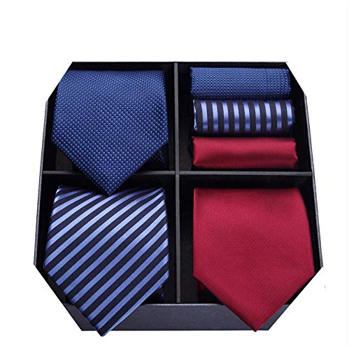 HISDERN Lote 3 PCS Corbata de hombre Cheque de lunares Fiesta de bodas de color solido a rayas Panuelo Corbata y Bolsillo Cuadrado - Conjuntos multiples