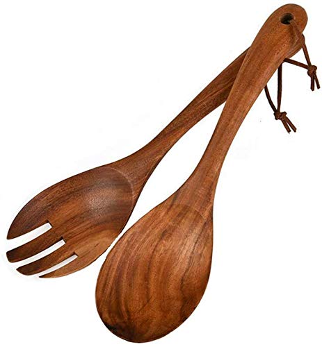 Hokieni Cubiertos de madera para ensalada, 2 piezas, juego de cubiertos, cuchara, tenedor de madera de acacia, 26 cm