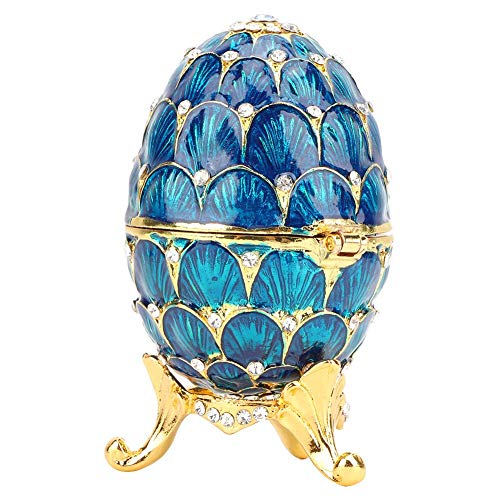 Huevo de Pascua esmaltado Mini Faberge Pintado a Mano con Esmalte Rico y Caja de Abalorios de Joyas de Diamantes de imitación Brillantes, 4 Colores(Azul)