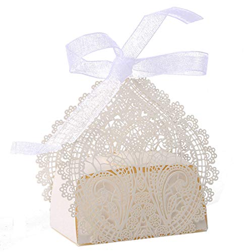 Hyaline&Dora - 36 cajas de caramelos de encaje huecas para boda, cortadas con láser, caja de regalo de caramelo blanco con cinta para suministros de eventos de fiesta
