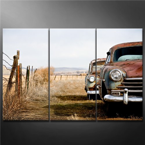 Impresión de Lienzo de Pared Arte Imagen Vintage coches abandonados y oxidación de distancia en Wyoming rural 3 piezas pinturas Giclée de moderna estirada y enmarcado arte el coche