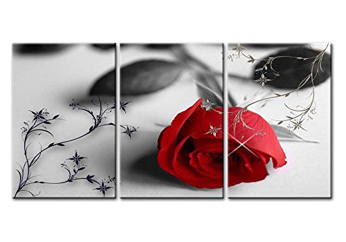 Impresión de Lienzo de Pared Arte Pintura Decoración todavía vida de amor rojo flores de rosas sobre fondo negro y blanco con vintage elementos 3 piezas estirada y enmarcado Giclée artstore