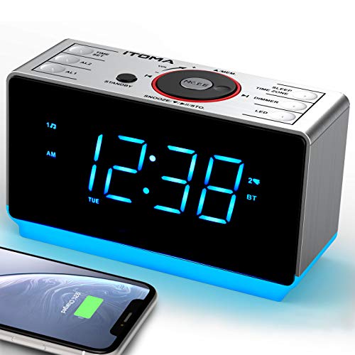 iTOMA - Despertador Digital con Radio y Bluetooth, Radio FM, Alarma Dual con repetición de Alarma, regulador de Intensidad, Temporizador de sueño, Puerto de Carga USB 708
