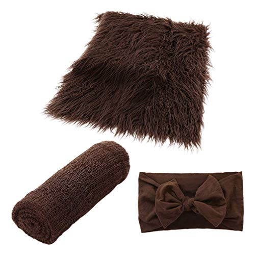 Iwinna Newborn Photography Props Toddler Photo Blankets Wrap Headband Fluffy Wrap Shaggy Area Rug Photo Prop Swaddle Wrap Photography Mat for Babies 3Pcs (Coffee)