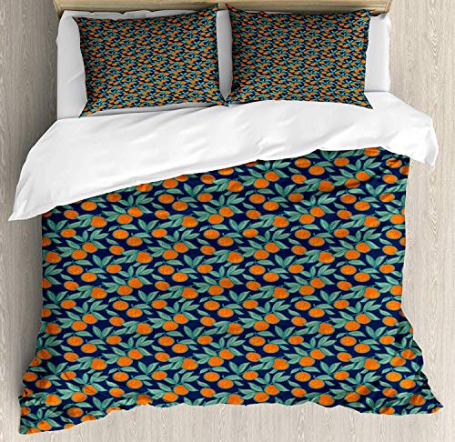JamirtyRoy1 Orange Blue Duvet Cover Set King Size, Sweet Citrus Branches and Leaves, Decorative 3 Piece Bedding Set with 2 Pillow Shams, Dark Violet Blue Dark Orange Grey Teal and Peacock Green