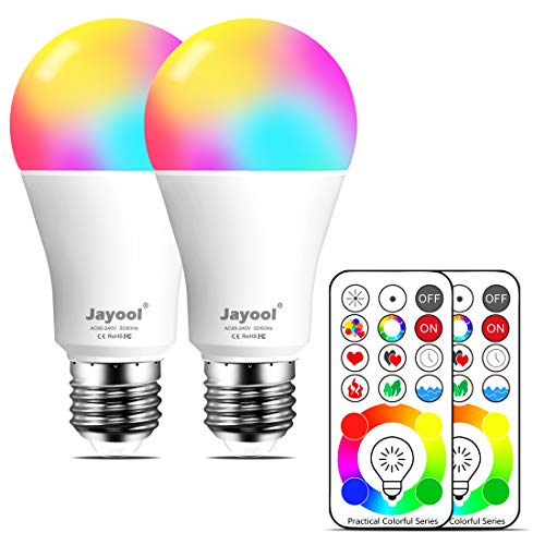 Jayool 10W E27 RGBW LED Bombillas Colores Bombilla con Control Remoto, Edison Regulable Cambio de Color con 120 Colores, Memoria & 3-Camino, Luz Blanco & Equivalente de 60 vatios (2 Unidades)