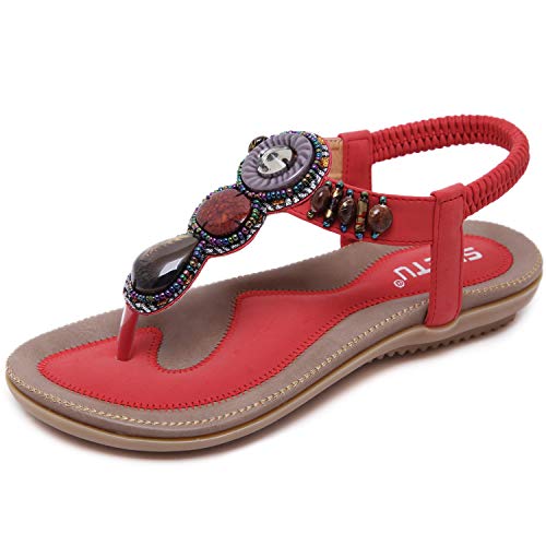 JIANKE Sandalias Mujer Verano Planas Bohemia Sandalias Cómodo Casual Zapatos de Playa Rojo 39 EU
