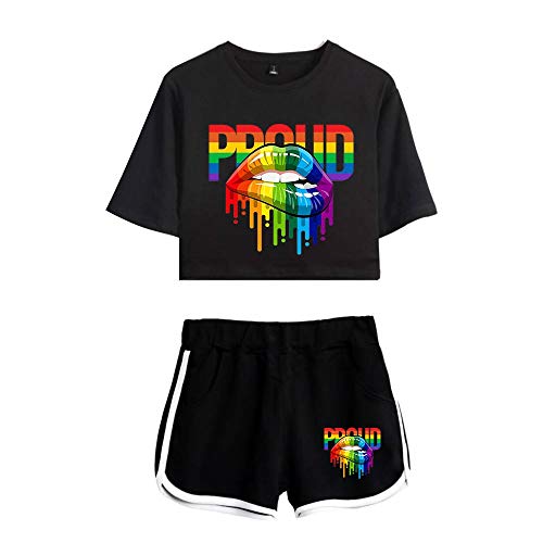 JLTPH Mujer LGBT Crop Top y Shorts 2 Piezas Conjunto Manga Cortos Pride Rainbow Camisetas y Pantalones Cortos Ropa Deportiva Casual Verano