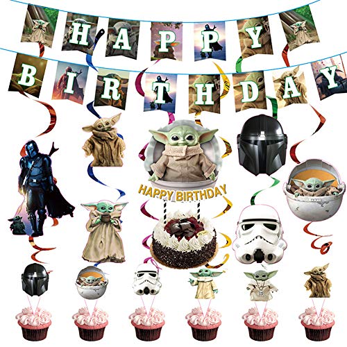 JPYH Juego de 32 Decoraciones para Fiesta de Yoda de bebé, Suministros de cumpleaños temáticos de Star Wars para niños y bebés, Globos de Yoda,Decoraciones para Fiesta De CumpleañOs