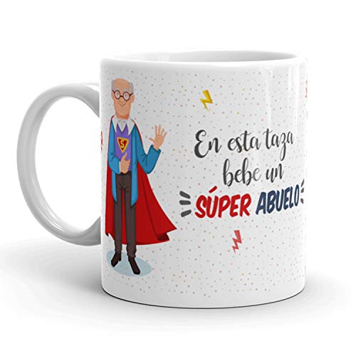 Kembilove Taza de Café para Abuelo – Aquí Bebe un Super Abuelo – Taza de Desayuno para Familia – Regalo Original para Familiares, Navidad, Aniversarios – Taza de Cerámica de 350 ml
