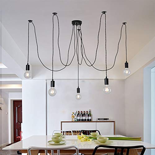 Lámpara de techo industrial, color negro, araña colgante con cable trenzado ajustable , accesorios industriales retro, soporte de lámpara E27, metal plástico, 5 lights Lámpara de techo industrial, color negro, araña colgante con cable trenzado ajustable , accesorios industriales retro, soporte de lámpara E27, metal plástico, 5 lights