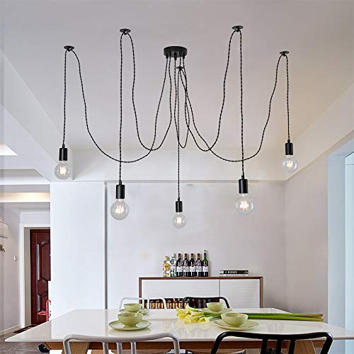 Lámpara de techo industrial, color negro, araña colgante con cable trenzado ajustable , accesorios industriales retro, soporte de lámpara E27, metal plástico, 5 lights