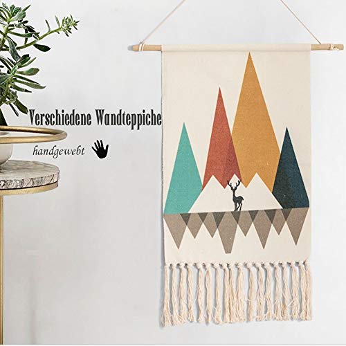 Lanqinglv - Tapiz de pared abstracto, diseño de alce y triángulo, decoración hecha a mano, borlas, color beige, multicolor, colgante, tela de algodón, lino, toalla de pared, 50 x 70 cm + 20 cm