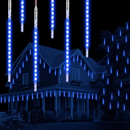 Lluvia de meteoros Luces de lluvia, Vikdio 50cm 10 Tubos de espiral 540 LEDs Nieve Caída Luces de cuerda para la boda Árbol de Navidad Decoración del hogar, Soporte 2 Juegos Gancho (Azul)