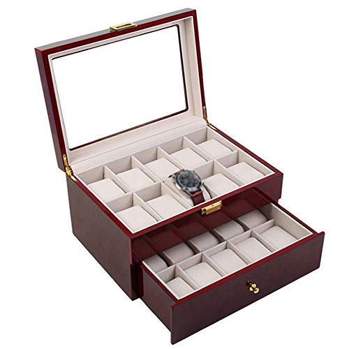 LMEI-WatchBox Caja de Reloj/Caja de exhibición de Reloj de Madera, 2 Capas de Reloj Caja de Almacenamiento de Joyas/Tapa de Cristal y Cerradura de Metal/Enviar a Las Mejores Damas Regalo (20 Ranuras)
