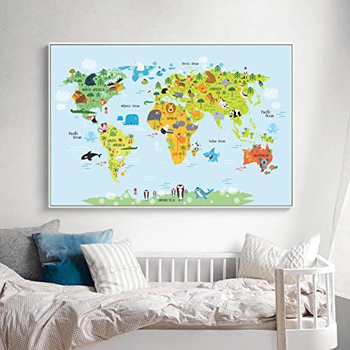 Lolobeauty Niños Modernos Kawaii Cartoon Animals World Map,Canvas Print Painting Poster Wall Pictures For Kids Room Home Decor,Map of animals2,10cmx15cm