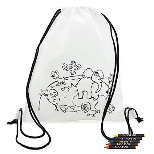 Lote 10 Mochilas Infantiles para Colorear + 5 Pinturas Ceras. Perfectas para Regalos de cumpleaños, comuniones, colegios, guarderías y Celebraciones. Detalles Bolsas Merienda y Almuerzos