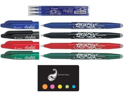 Lote 4 bolígrafos Pilot Ball + 1 caja de 3 recambios azules + goma + bolígrafo blumie Shop