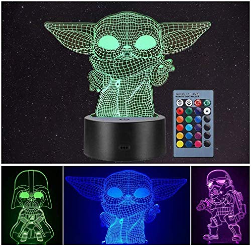 LOYALSE 3 modelo 3D Illusion Star Wars - Luz nocturna para niños, 16 colores cambiantes para decoración de lámpara – Star Wars juguetes y regalos para bebé Yoda / Darth Vader / Stormtrooper