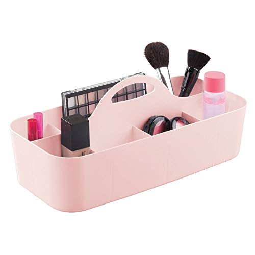 mDesign Cesta de Ducha con 11 Compartimentos – Caja con asa portátil y de plástico para Productos de Belleza – Organizador para baño Grande para brochas de Maquillaje, pintaúñas y más – Rosa Claro