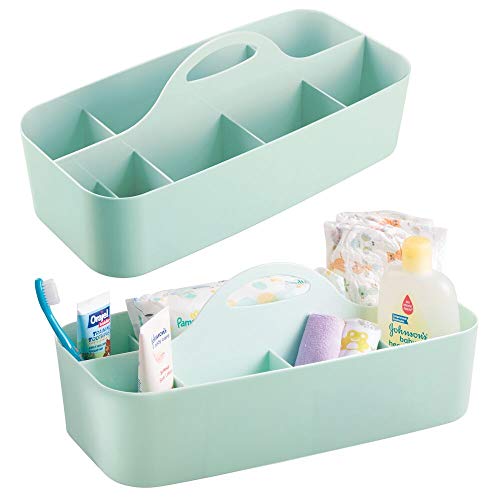 mDesign Juego de 2 cestas organizadoras con 11 compartimentos para artículos de bebé – Cesta con asa de plástico – Prácticas cestas multiusos para cremas, juguetes, alimentos, etc. – verde menta