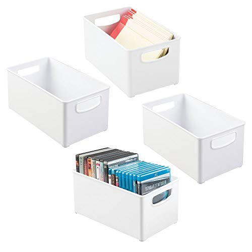 mDesign Juego de 4 cajas organizadoras con asas – Caja de almacenaje para material de oficina – Organizador de escritorio en plástico con múltiples usos para despacho y otras estancias – blanco