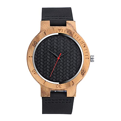 MICGIGI Reloj de pulsera de madera de bambú minimalista para hombres y mujeres con correa de cuero