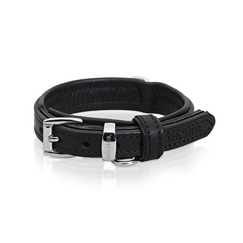 MICHUR Minimo Collar de Cuero para Perros, Cuello, Negro y un Anillo con Placa de identificación para Placas de identificación, Cuero, Disponibles en Diferentes tamaños, 35cm