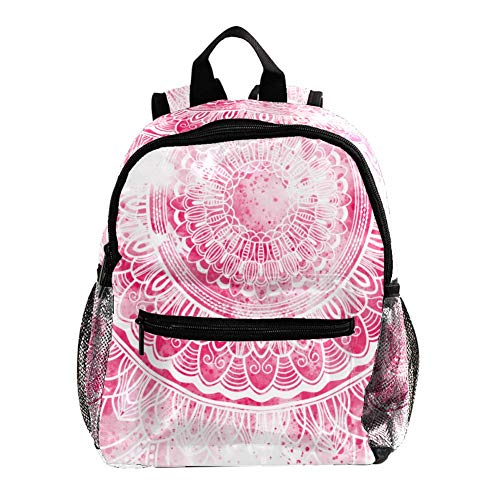 Mochila para niños con mochila para niños y niñas en el bosque Mandala rosa desteñida blanca. 25.4x10x30 CM/10x4x12 in