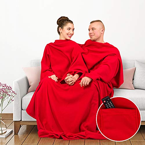 MonstruoManía Manta XXL para Parejas, Sólo para Dos, Bata Manta Acogedora con Mangas en Color Rojo, para Acurrucarse Juntos