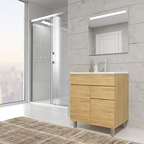 Mueble de baño con Lavabo de Porcelana - 2 Puertas y 1 Cajón amortiguado - El Mueble va MONTADO - Modelo Clif (60 cms, Hera)