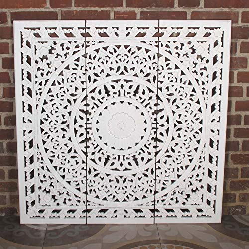 Mural Oriental XXL Mandala Hawa 3 Piezas 110x110cm Blanco-marrón Tallado a Mano decoración de Pared de MDF para Colgar y Colocar en Shabby Chic | artesanía | decoración de Ventanas | MD1039