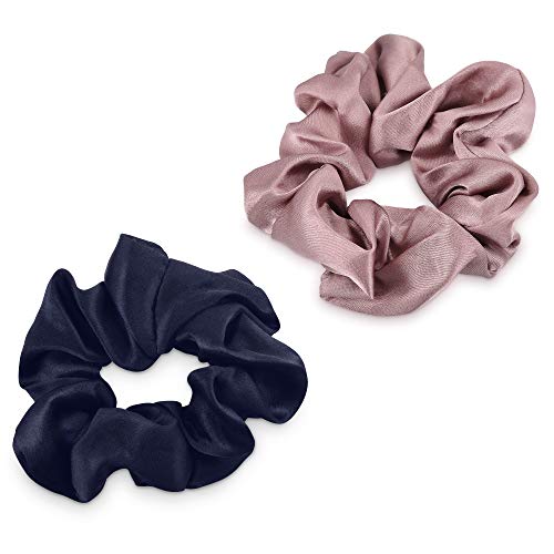 Navaris 2x Coletero de seda para pelo - Gomas para el cabello de tela - Set 2x cinta elástica - Scrunchies para moños trenzas - Azul oscuro y rosa