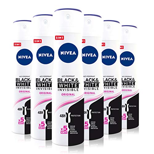 NIVEA Black & White Invisible Original Spray en pack de 6 (6 x 200 ml), desodorante antimanchas de cuidado femenino, desodorante invisible para proteger la piel y la ropa