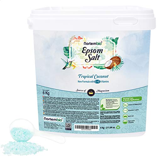 Nortembio Sal de Epsom 6 Kg. Novedosa Fragancia de Coco Tropical. Hidratada con Vitamina C y E. Sales de Baño y Cuidado Personal. E-Book Incluido.