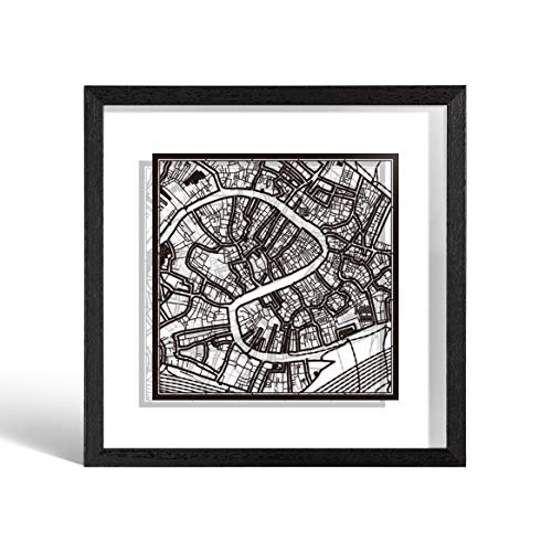 O3 Design Studio Mapa de corte de papel de Venecia enmarcado, mapa negro, marco negro, 22,8 x 22,8 cm, caja de regalo, 2 colores de fondo, cambio automático, arte de papel