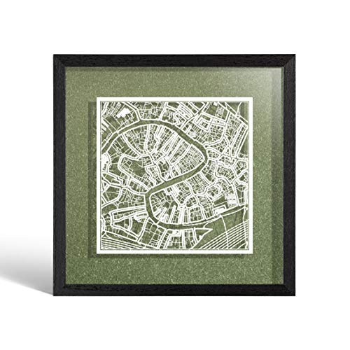 O3 Design Studio Mapa de papel de Venecia enmarcado, mapa blanco, marco negro, 22,8 x 22,8 cm, caja de regalo, 4 colores de fondo, cambio automático, arte de papel